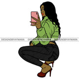 Afro Urban Fashionista Goddess Attractive Black Woman Squatting Selfie Heels Sexy Long Wavy Hair Style  SVG Cutting Files For Silhouette Cricut