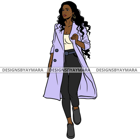 Afro Urban Fashionista Goddess Heels Attractive Black Woman  Coat Sexy Long Curly Hair Style  SVG Cutting Files For Silhouette Cricut