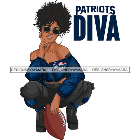 New England Diva Woman Squatting American Football Team Sports Touchdown Professional Uniform SVG PNG JPG Cutting Files For Silhouette Cricut and More!