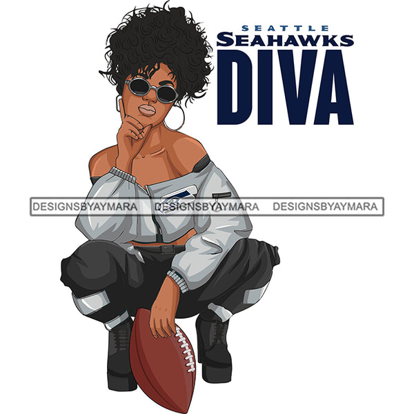 Seattle Diva Woman Squatting American Football Team Sports Touchdown Professional Uniform SVG PNG JPG Cutting Files For Silhouette Cricut and More!