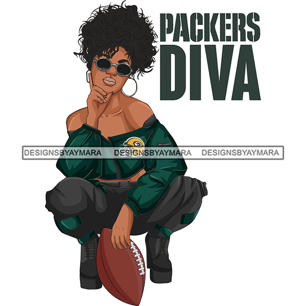 Green Bay Diva Woman Squatting American Football Team Sports Touchdown Professional Uniform SVG PNG JPG Cutting Files For Silhouette Cricut and More!