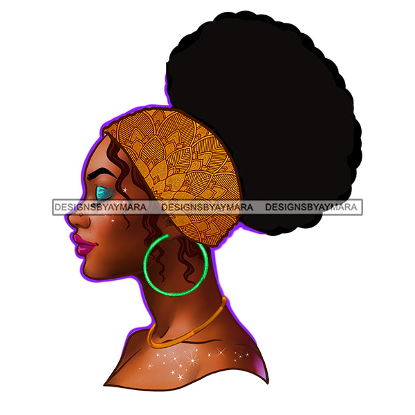 Gorgeous Black Woman Profile Green Hoop Earrings Headwrap Puffy Afro H ...