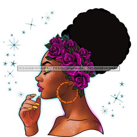 Gorgeous Black Woman Profile Hoop Earrings Roses Headwrap Puffy Afro Hairstyle SVG JPG PNG Vector Clipart Cricut Silhouette Cut Cutting