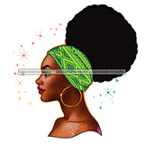 Gorgeous Black Woman Profile Hoop Earrings Green Headwrap Puffy Afro Hairstyle SVG JPG PNG Vector Clipart Cricut Silhouette Cut Cutting