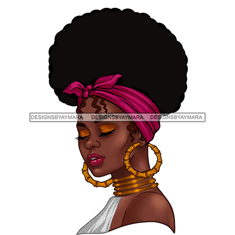Gorgeous Black Woman Portrait Hoop Earrings Choker Headband Puffy Afro Hairstyle SVG JPG PNG Vector Clipart Cricut Silhouette Cut Cutting