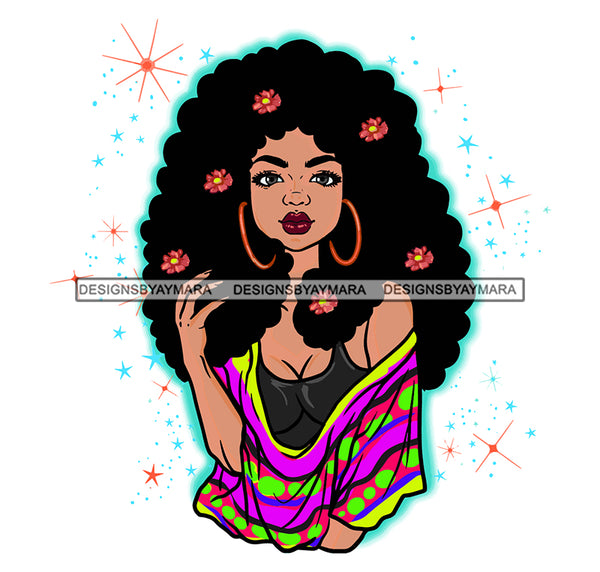 Melanin Afro Woman Flowers Hair Sparkles Nubian Pretty African Lady Hoop Earrings SVG JPG PNG Vector Clipart Cricut Cutting Files