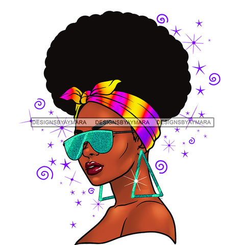 Gorgeous Black Woman Portrait Earrings Sunglasses Headband Puffy Afro Hairstyle SVG JPG PNG Vector Clipart Cricut Silhouette Cut Cutting