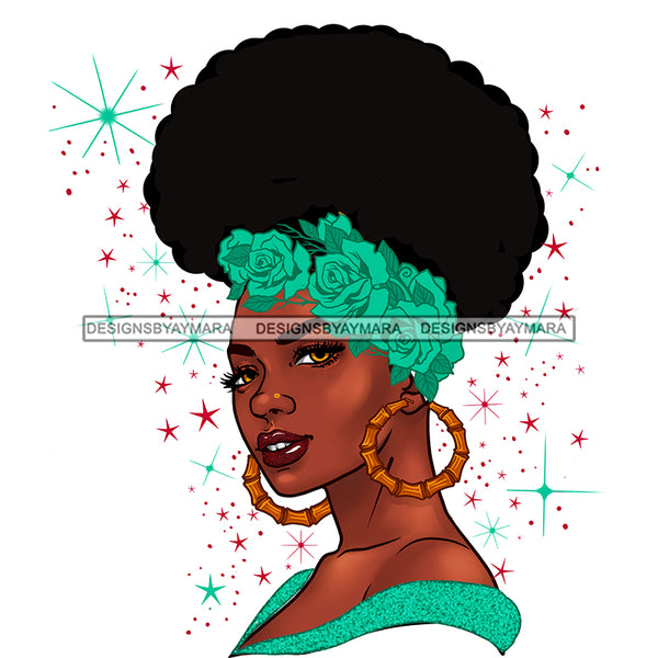 Beautiful Black Queen With Afro Bun Flowers SVG JPG PNG Vector Clipart Cricut Silhouette Cut Cutting