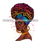 Inspirational Black Woman Pink and Gold Words In Hair Blue Headwrap Flawless Power Attitude JPG PNG Vector Clipart Cricut Silhouette Cut Cutting