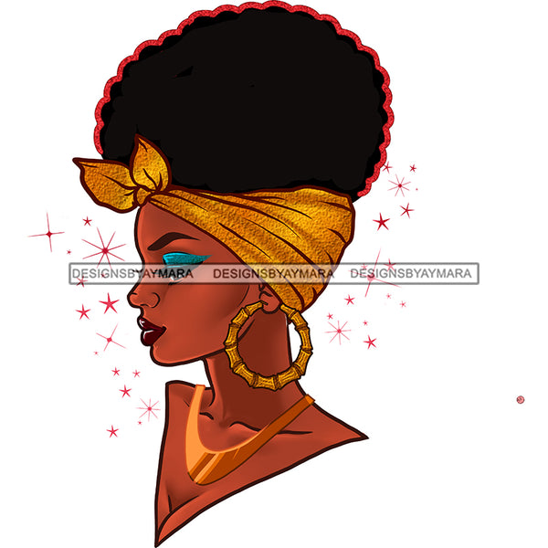 Gorgeous Black Woman Profile Earrings Necklace Golden Headwrap Puffy Afro Hairstyle SVG JPG PNG Vector Clipart Cricut Silhouette Cut Cutting