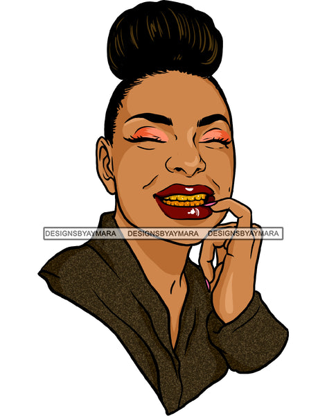 Afro Black Woman Hair Bun Red Lips Smiling Gold Teeth JPG PNG  Clipart Cricut Silhouette Cut Cutting