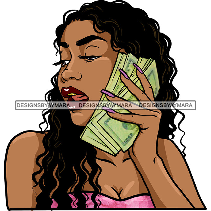 Afro Black Woman Long Hair Cash Dollar Bills Holding Money JPG PNG Cli ...