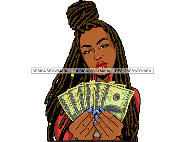 Afro Black Woman Long Locs Dreads Cash Dollar Bills Holding Money JPG PNG  Clipart Cricut Silhouette Cut Cutting