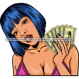 White Woman Caucasian Lady Cash Dollar Bills Holding Money Blue Hair JPG PNG  Clipart Cricut Silhouette Cut Cutting