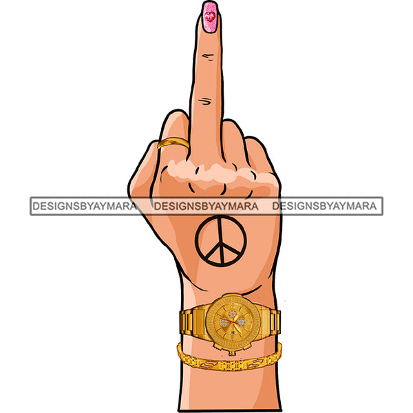 White Caucasian Woman Finger Middle Finger F*** Pink Fingernail Peace Tattoos Rings  Gold Watch Single Hand  JPG PNG  Clipart Cricut Silhouette Cut Cutting