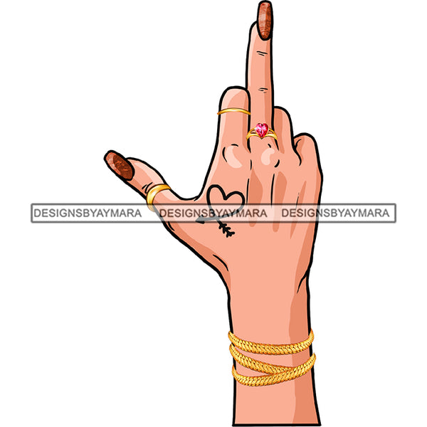 White Caucasian Woman Finger Middle Finger F*** Heart Tattoos Rings  Gold Bangles Single Hand  JPG PNG  Clipart Cricut Silhouette Cut Cutting