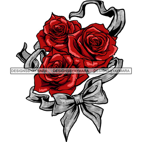 3 Beautiful Red Rose Flowers Roses Ribbon Bow Graphic  Clipart JPG PNG  Clipart Cricut Silhouette Cut Cutting