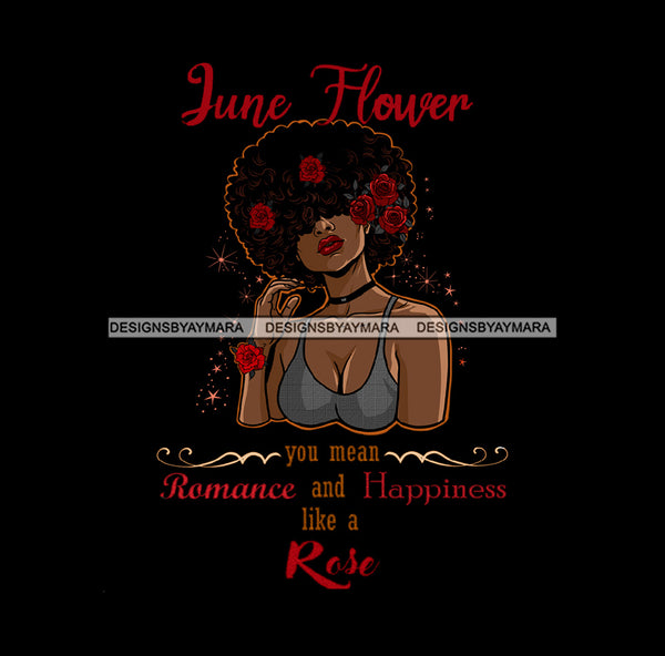June Flower Ladies Lady Afro Hair Black Afro Woman Red Roses JPG PNG  Clipart Cricut Silhouette Cut Cutting