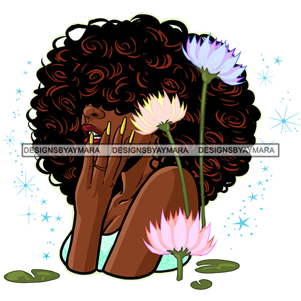 Big Curly Afro Hair Woman White Flowers JPG PNG  Clipart Cricut Silhouette Cut Cutting