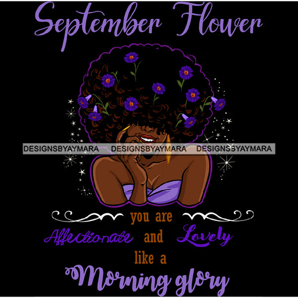 September Flower Ladies Lady Afro Hair Black Afro Woman Big Afro Purple Flowers JPG PNG  Clipart Cricut Silhouette Cut Cutting