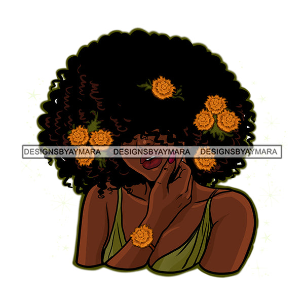 Big Afro Hair Woman Gold Flowers In Hair JPG PNG  Clipart Cricut Silhouette Cut Cutting