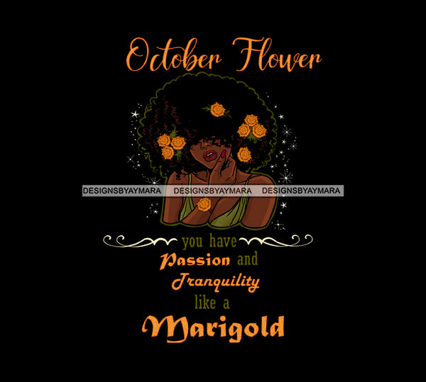 October Flower Ladies Lady Afro Hair Black Afro Woman Big Afro Marigold Flowers JPG PNG  Clipart Cricut Silhouette Cut Cutting