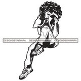 Melanin Woman Sitting Wearing Pant Sneakers Curly Hair Holding Money Stacks Black And White SVG JPG PNG Vector Clipart Cricut Silhouette Cut Cutting