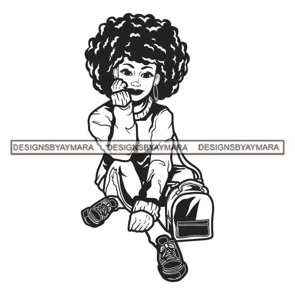 Curly Hairs Smiling Woman Sitting Thinking Wearing Pant Shirt Sneakers Hand Bag Hair Lipstick Jewelry Earrings Black And White SVG JPG PNG Vector Clipart Cricut Silhouette Cut Cutting