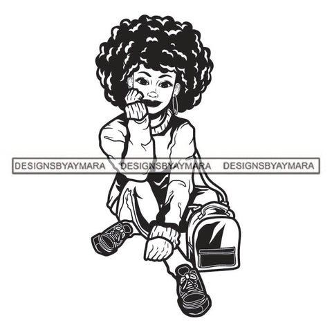 Curly Hairs Smiling Woman Sitting Thinking Wearing Pant Shirt Sneakers Hand Bag Hair Lipstick Jewelry Earrings Black And White SVG JPG PNG Vector Clipart Cricut Silhouette Cut Cutting