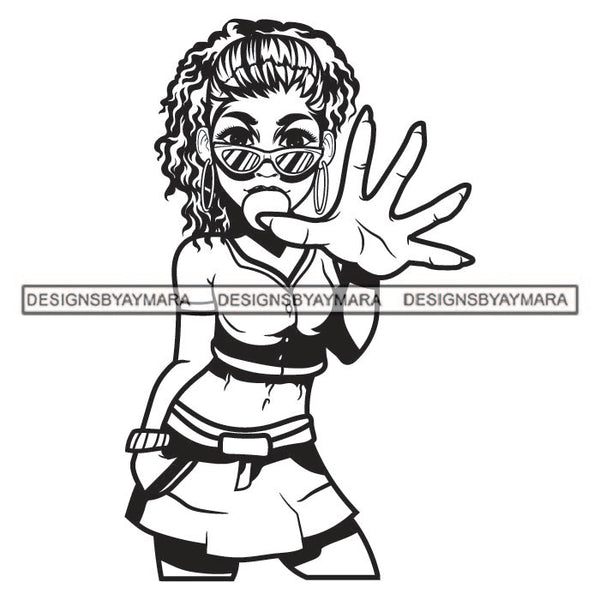 Black Woman Blowing Air Bubble Chewing Gum Standing Wearing Short Dress Blouse Sunglasses Googles Hairs Hair Lipstick Black And White SVG JPG PNG Vector Clipart Cricut Silhouette Cut Cutting