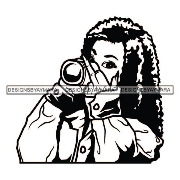 Black Woman Drinking Tea Coffee Cup Showing Middle Finger Standing Wearing Summer Jacket Black Curly Hairs Hair Black And White SVG JPG PNG Vector Clipart Cricut Silhouette Cut Cutting