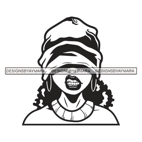 Black Blindfolded Beanie Woman Wearing Necklace Jewelry Teeth Lipstick Makeup Black Curly Hairs Hair Black And White SVG JPG PNG Vector Clipart Cricut Silhouette Cut Cutting