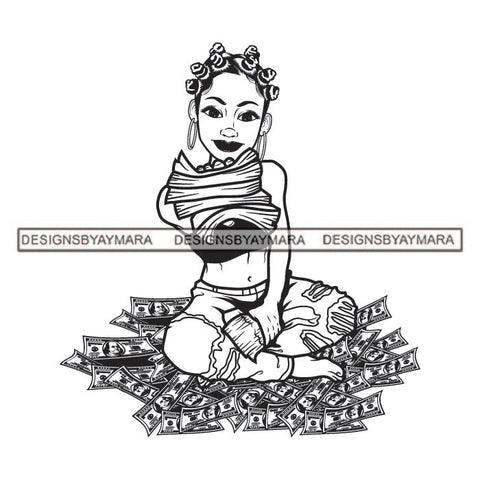 Black Bantu Knots Hairs Smiling Woman Ripped Jeans Bra Money Stacks Cash Hustler Hustle Grind Black And White SVG JPG PNG Vector Clipart Cricut Silhouette Cut Cutting