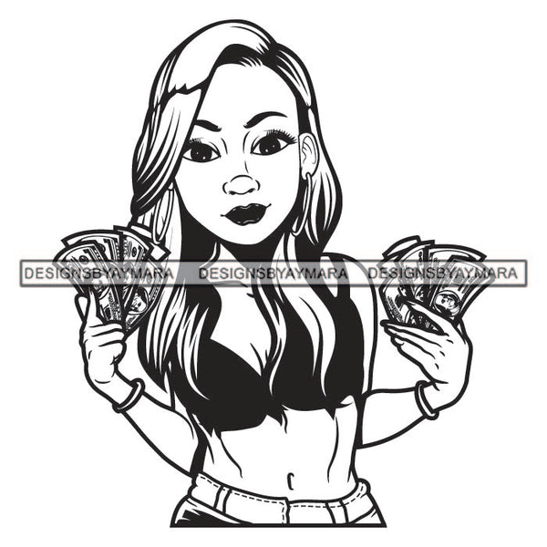 Hairs Hot Sexy Woman Holding Cash Money Wearing Bra Showing Cleavage Necklace Bracelet Jewelry Lipstick Makeup Hair Girl Lady Black And White SVG JPG PNG Vector Clipart Cricut Silhouette Cut Cutting