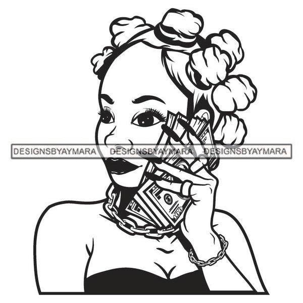 Knots Hairs Hot Sexy Woman Holding Cash Money Wearing Dress Showing Cleavage Chain Necklace Bracelet Rings Jewelry Lipstick Makeup Hair Girl Lady Black And White SVG JPG PNG Vector Clipart Cricut Silhouette Cut Cutting