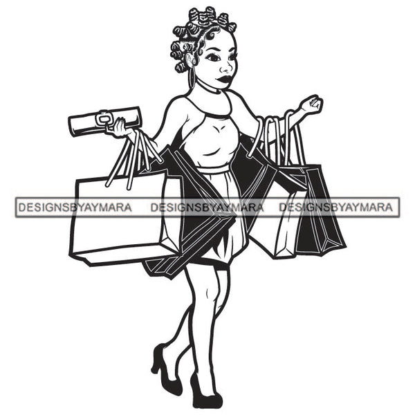 Knots Hairs Woman Holding Shopping Bags Wearing Heel Shoes Hot Dress Earrings Jewelry Lipstick Makeup Hair Girl Lady Black And White SVG JPG PNG Vector Clipart Cricut Silhouette Cut Cutting