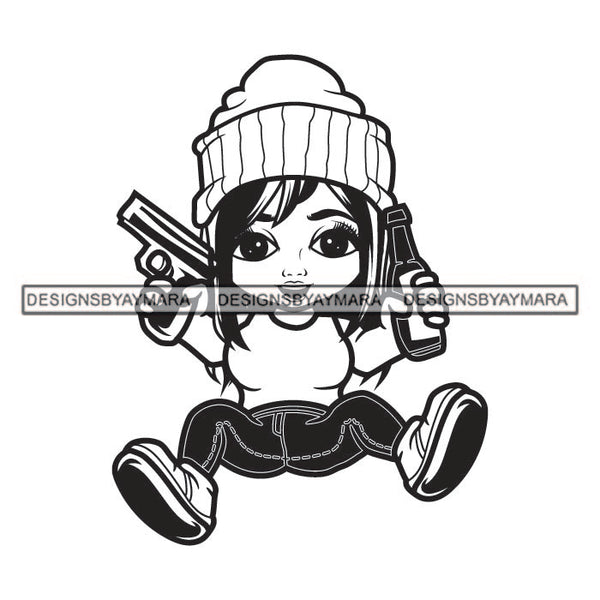 Little Baby Gangster Girl Kid Child Sitting Wearing Beanie Cap Sneakers Holding Pistol Gun Bottle Drink Juice Black And White SVG JPG PNG Vector Clipart Cricut Silhouette Cut Cutting
