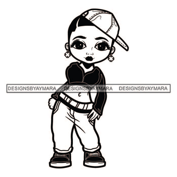 Little Baby Stylish Girl Kid Child Standing Wearing Blouse Pant Sneakers Hat Makeup Jewelry Earrings Black And White SVG JPG PNG Vector Clipart Cricut Silhouette Cut Cutting