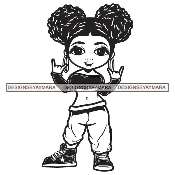 Little Baby Stylish Curly Hairs Girl Smiling Kid Child Standing Wearing Blouse Pant Sneakers Makeup Jewelry Earrings Hair Black And White SVG JPG PNG Vector Clipart Cricut Silhouette Cut Cutting