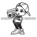 Cute Lili Town boy Girl Stylish Child Standing Wearing Pant Shirt Sneakers Hat Boombox Radio Black And White SVG JPG PNG Vector Clipart Cricut Silhouette Cut Cutting