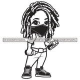 Little Baby Gangster Curly Hairs Girl Kid Child Standing Wearing Pant Shirt Sneakers Face Mask Holding Spray Paint Bottles Black And White SVG JPG PNG Vector Clipart Cricut Silhouette Cut Cutting