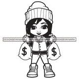 Little Smiling Baby Gangster Straight Hairs Girl Kid Child Standing Wearing Chain Necklace Pant Shirt Sneakers Holding Dollar Money Cash Bags Black And White SVG JPG PNG Vector Clipart Cricut Silhouette Cut Cutting