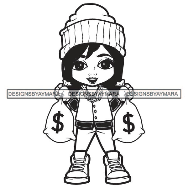 Little Smiling Baby Gangster Straight Hairs Girl Kid Child Standing Wearing Chain Necklace Pant Shirt Sneakers Holding Dollar Money Cash Bags Black And White SVG JPG PNG Vector Clipart Cricut Silhouette Cut Cutting