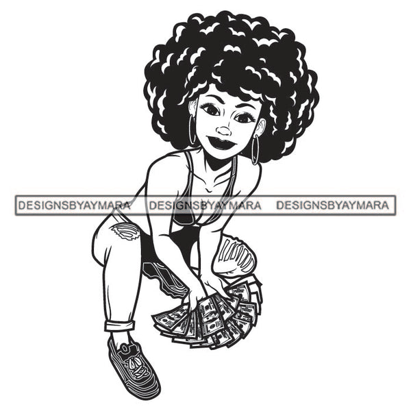 Melanin Woman Squatting Wearing Ripped Jeans Bra Sneakers Dollar Cash Money Black And White SVG JPG PNG Vector Clipart Cricut Silhouette Cut Cutting