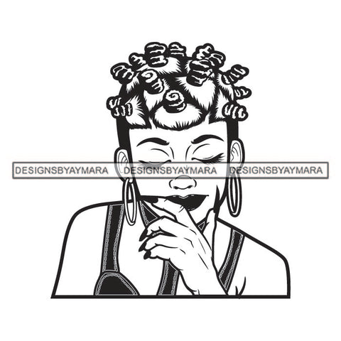 Melanin Lola Bantu Knots Lipstick Closed Eyes Earrings Jewelry Black And White SVG JPG PNG Vector Clipart Cricut Silhouette Cut Cutting