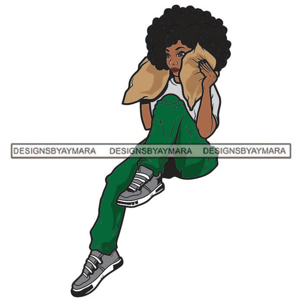 Black Woman Sitting Wearing Green Pant Shirt Sneakers Afro Hair Lipstick Money Bags Hustler Hustle Bragging SVG JPG PNG Vector Clipart Cricut Silhouette Cut Cutting