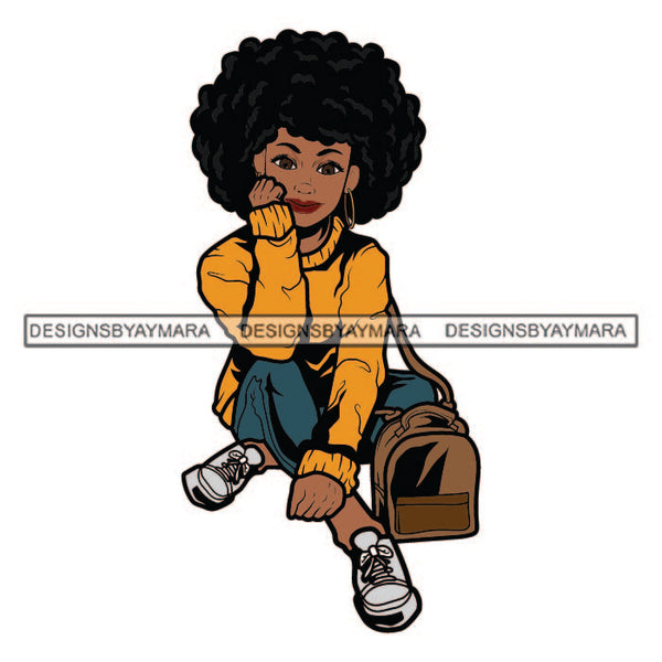 Curly Hairs Smiling Woman Sitting Thinking Wearing Blue Pant Yellow Shirt Sneakers Brown Hand Bag Hair Lipstick Jewelry Earrings SVG JPG PNG Vector Clipart Cricut Silhouette Cut Cutting
