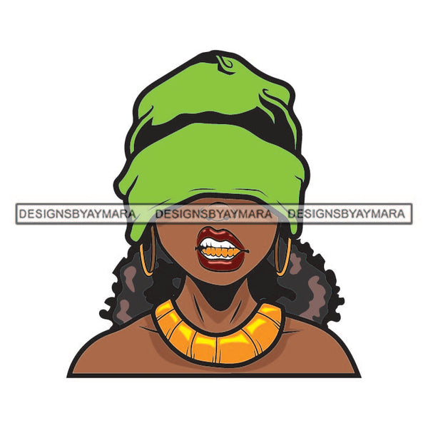 Black Blindfolded Green Beanie Woman Wearing Gold Golden Necklace Jewelry Teeth Lipstick Makeup Black Curly Hairs Hair SVG JPG PNG Vector Clipart Cricut Silhouette Cut Cutting