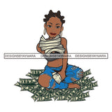 Black Bantu Knots Hairs Smiling Woman Wearing Blue Ripped Jeans Sitting Money Stacks Bragging Showing Off Hoop Earrings SVG JPG PNG Vector Clipart Cricut Silhouette Cut Cutting