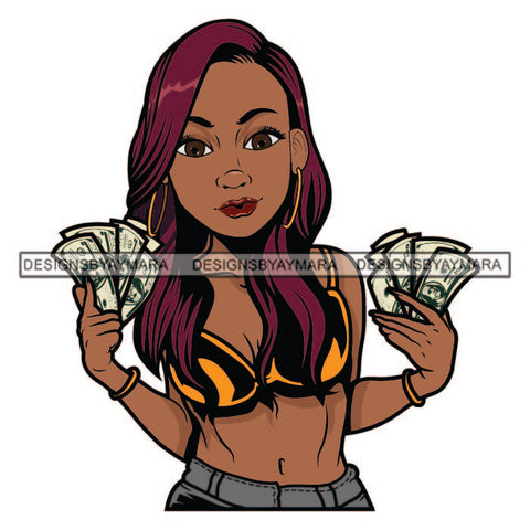 Purple Hairs Hot Sexy Woman Holding Cash Money Wearing Yellow Bra Showing Cleavage Gold Golden Necklace Bracelet Jewelry Lipstick Makeup Hair Girl Lady SVG JPG PNG Vector Clipart Cricut Silhouette Cut Cutting